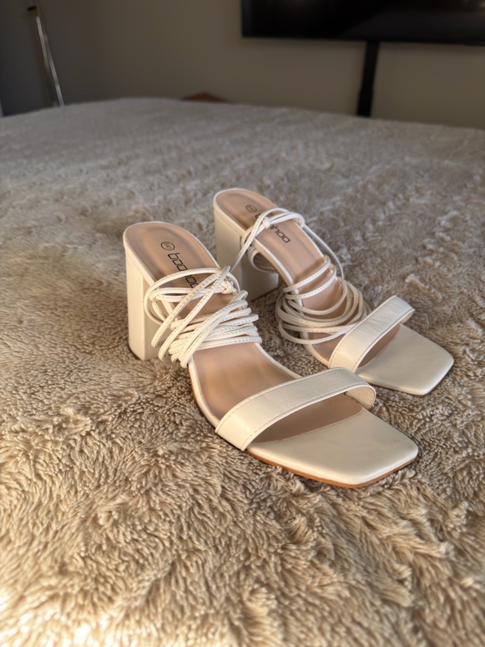Boohoo Ivory Strappy Block Heel Sandals